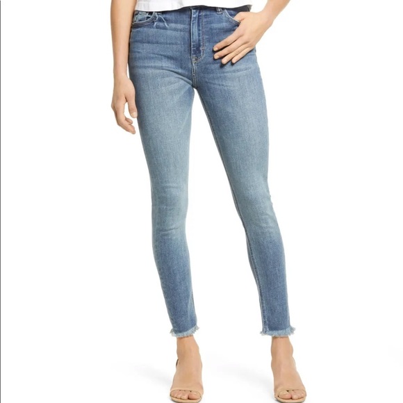 Grlfrnd Frayed Bottom High Rise Skinny Blue Jeans